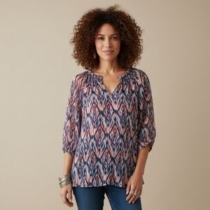 Marie Oliver Women's Size Small Ikat Printed Silk Blend Ruffle Neck Blouse